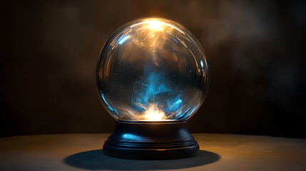 A crystal ball glowing with an ethereal light, casting shadows on the dark background,
