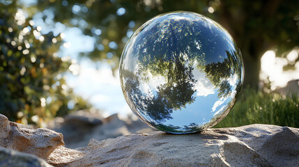  3D render of a shiny glass ball on a rock, with a reflection in the sphere of trees and sky, on an outdoor sunny day.