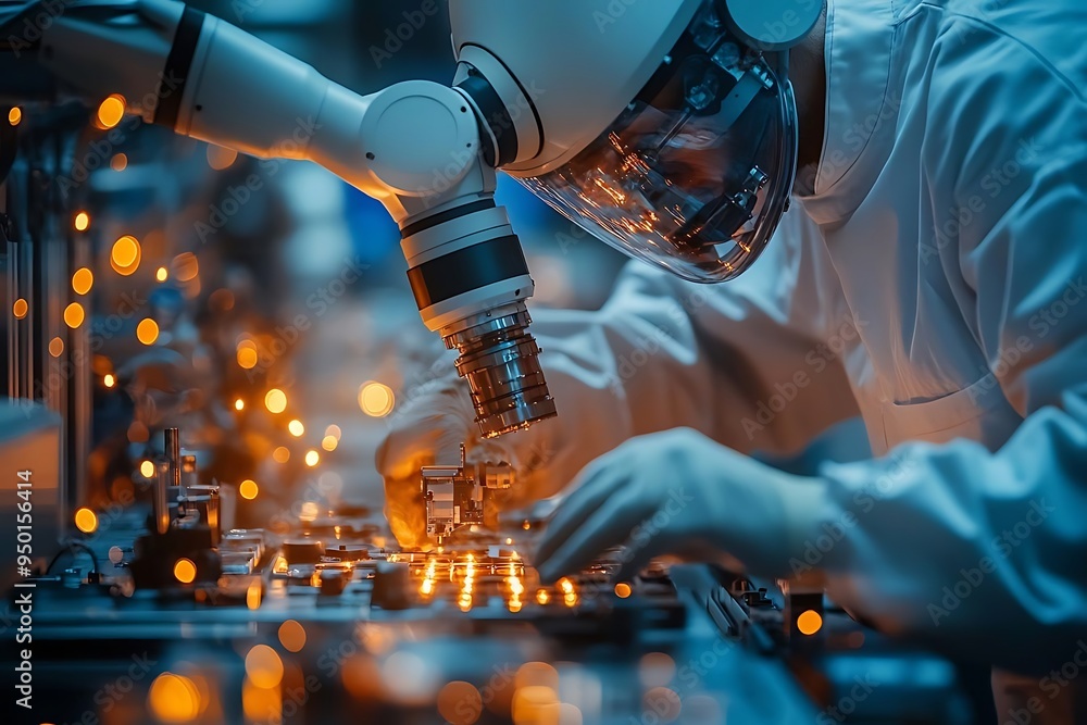 Poster industrial robot arm and technician working with microchips - realistic image