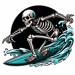 Vector tshirt design of a skeleton surfing on a wave