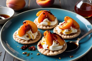 Obraz premium Whipped Mascarpone with Grilled Apricots and Spicy Syrup on Crunchy Pita Rounds