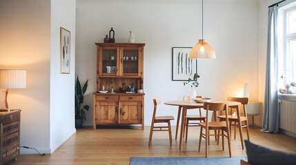 A modern Scandinavian dining room with a wooden cupboard, a white wall, a wooden floor, a few pieces of furniture, a dining table with chairs in the middle of the room and a wooden cupboard .