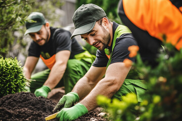 A group of landscaping workers wearing green dungarees are planting plants