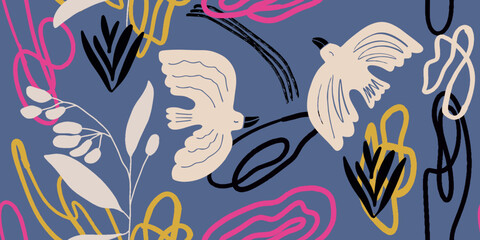 Abstract creative seamless pattern with floral plants and artistic background. Modern design for paper, cover, fabric, interior decor and other users