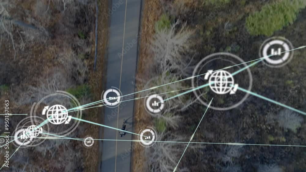 Poster network of connections and data processing animation over aerial view of road