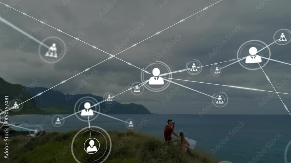 Poster network of connections and data processing animation over people near ocean