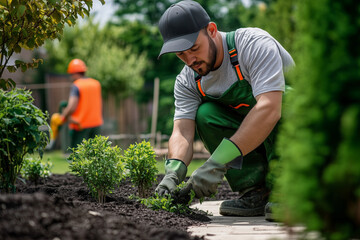 Landscaping worker wearing green dungarees and a grey cap, close up