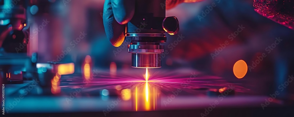 Poster close up of a microscope with a beam of light emitting from it - realistic image