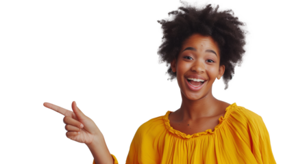 Excited young woman showing banner, pointing fingers left and smiling at camera, standing amazed on transparent