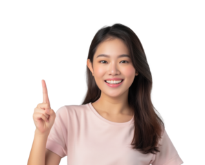 Excited young woman showing banner, pointing fingers left and smiling at camera, standing amazed on transparent
