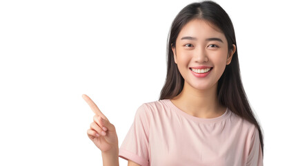 Excited young woman showing banner, pointing fingers left and smiling at camera, standing amazed on transparent