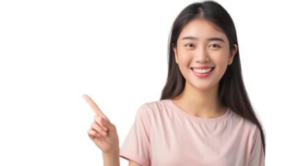Excited young woman showing banner, pointing fingers left and smiling at camera, standing amazed on transparent