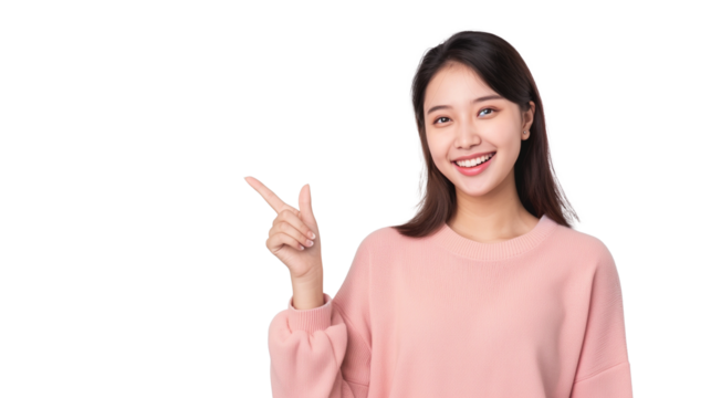 Excited young woman showing banner, pointing fingers left and smiling at camera, standing amazed on transparent