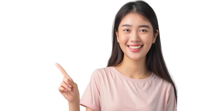 Excited young woman showing banner, pointing fingers left and smiling at camera, standing amazed on transparent