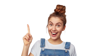 Excited young woman showing banner, pointing fingers left and smiling at camera, standing amazed on transparent