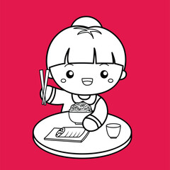 Kids Activity Eating Lunch Dinner Breakfast Girl  Cartoon Digital Stamp Outline