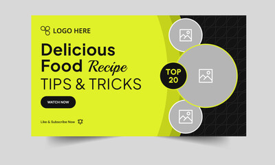 Delicious food recipe tips and tricks thumbnail banner design, editable vector eps 10 file format