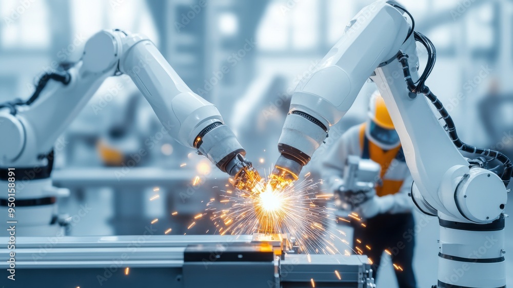 Poster high-tech industrial robots performing welding in a modern factory, showcasing automation and advanc