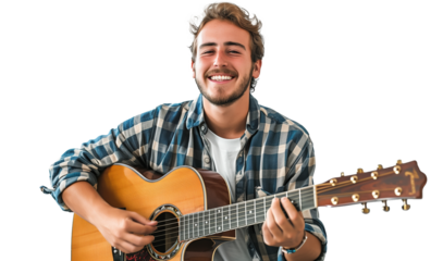 Smiling young man playing guitar isolated on transparent
