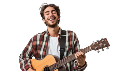 Smiling young man playing guitar isolated on transparent