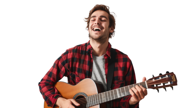 Smiling young man playing guitar isolated on transparent - Powered by Adobe