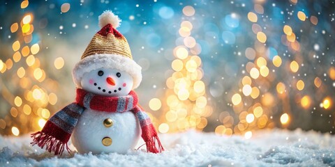 Fototapeta premium A cheerful snowman wearing a warm hat and scarf against a snowy background. Perfect for Christmas and winter themes. Great for holiday cards, decorations, or festive social media posts with copy space