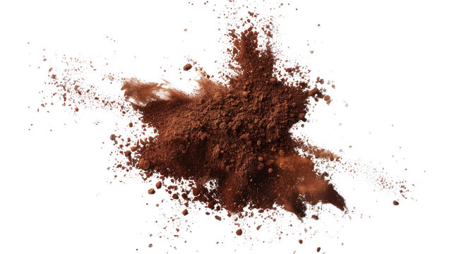 Coffee powder and coffee beans splash or explosion flying in the air  on transparent