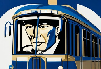 art deco the drivers face is stylized and geometric his features