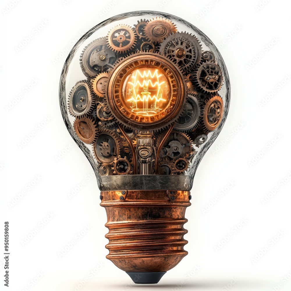 Poster the engine of innovation: a lightbulb filled with intricate gears and cogs, representing the power o