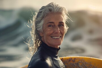 Elderly woman surfer smiling with a surfboard under her arm by the ocean. Ideal for themes of active lifestyle, aging gracefully, or ocean adventure.