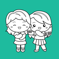 Kids Activity Conversation Chit Chat Girl Gossip Expression Cartoon Digital Stamp Outline