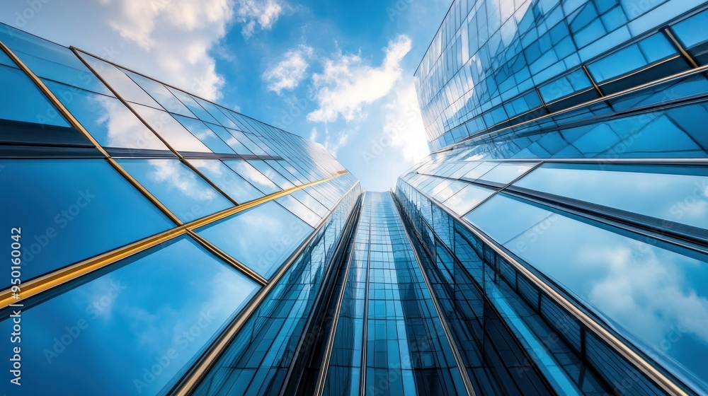Aufkleber low angle view of a glass skyscraper reflecting clouds