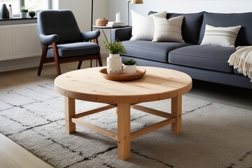 Fototapeta premium Scandinavian Living Room with Round Pine Coffee Table Cozy Couch and Modern Decor Ideas