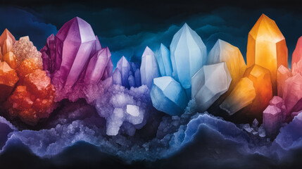 Vibrant, colorful crystals in dark, mystical setting.