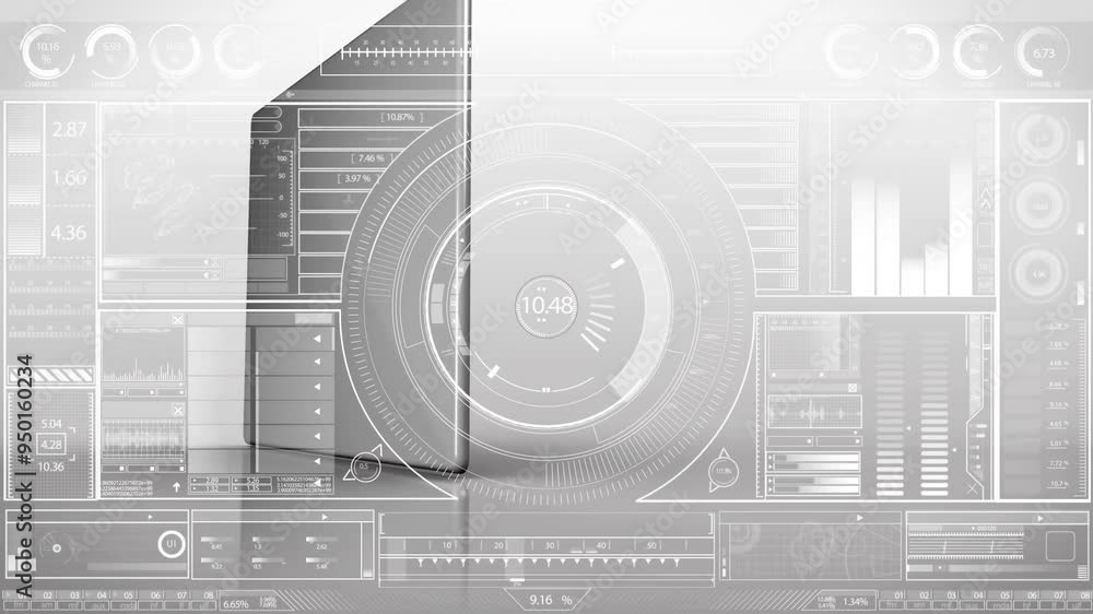 Poster gears and cogs animation over futuristic digital interface with data charts