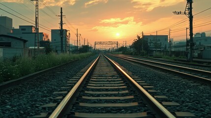 Fototapeta premium Train Tracks Leading Towards a Sunset Over the Cityscape