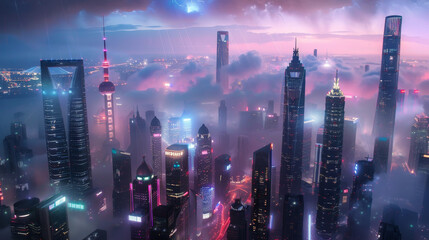 Envision the futuristic skyline of Shanghai, China, where glittering skyscrapers pierce the clouds and neon-lit streets pulse with the energy of a city on the cutting edge of innovation.