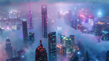 Envision the futuristic skyline of Shanghai, China, where glittering skyscrapers pierce the clouds and neon-lit streets pulse with the energy of a city on the cutting edge of innovation.