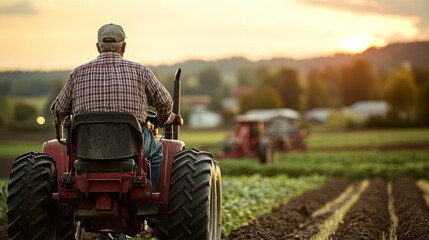 Obraz premium Farmer Driving Tractor in Field at Sunset