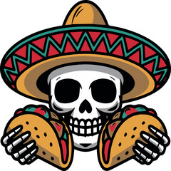 Vector Shirt Design a Skull with a Sombrero eating Taco