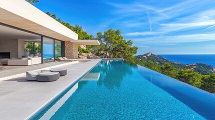Fototapeta premium A luxury villa in Mallorca with an infinity pool, offering panoramic views of the Mediterranean Sea, with the modern architecture shining under the sun.