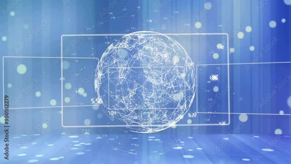 Poster digital globe and data points animation over blue background with light effects