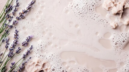 Fototapeta premium A serene layout featuring lavender sprigs and foamy soap, perfect for relaxation and wellness themed projects.