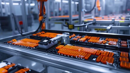 An intimate view of an assembly line corner where battery cells are being coded with barcodes for traceability and inventory management in electric vehicle production.