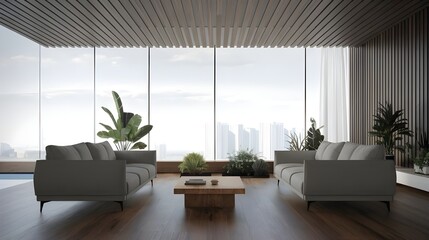 A minimalist interior design of a modern living room with two sofas and a wooden planks ceiling. The room has a large window with a view of a cityscape
