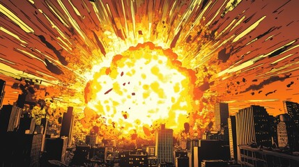 A massive explosion over a city in vintage comic book style, illustrating apocalyptic chaos with retro flair.