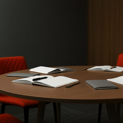 Minimal meeting room with a large round table prepared with notebooks and pens before the meeting