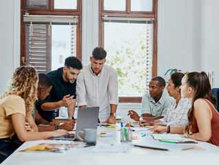People, startup and meeting with computer, documents and review for project management in office....