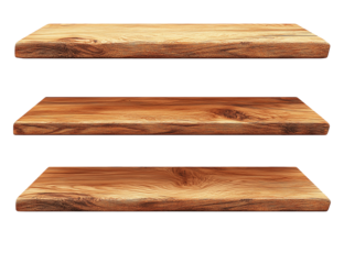 Empty wooden shelves with natural wood grain texture, minimalist style, modern interior design, handcrafted furniture, floating and wall mounted, asymmetrical arrangement, PNG  transparent background