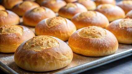 Realistic stock photo of a pile of freshly baked round bread rolls on a rustic baking sheet, golden brown with a soft and smooth surface, simple wooden table background